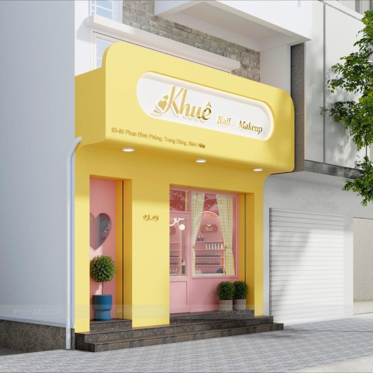 BQC019- Mặt tiền cửa hàng màu vàng hồng